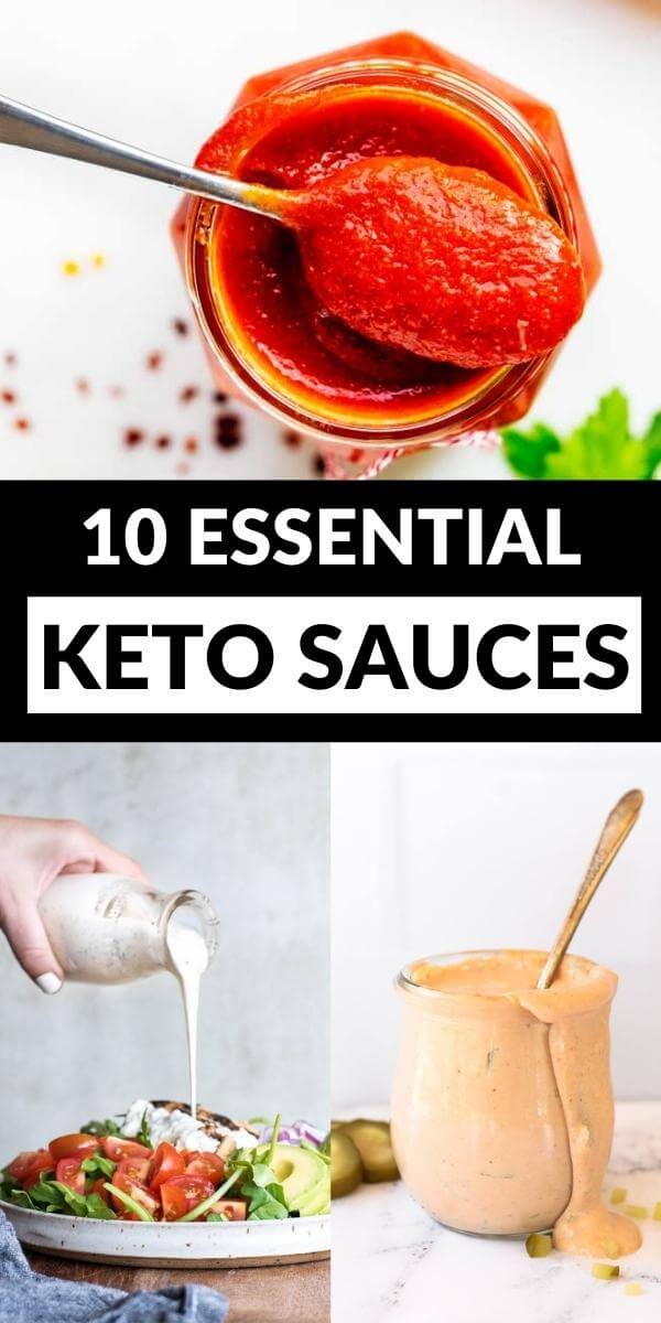 Collage picture with keto ketchup, big mac sauce and ranch dressing. Text overlay in middle.