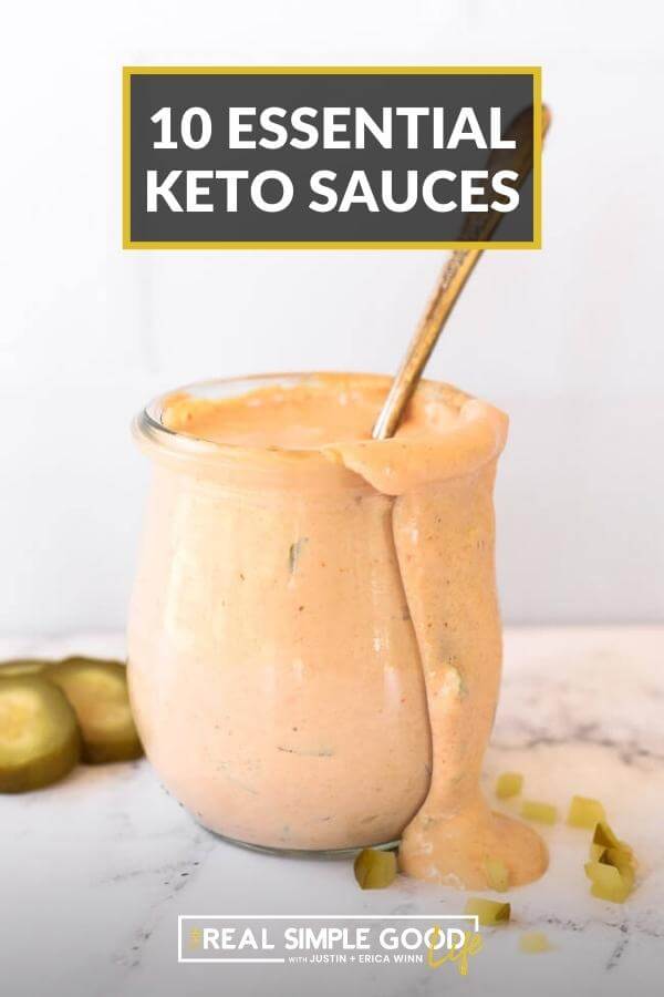 Straight on image of big mac sauce in jar with spoon and text overlay of 10 essential keto sauces