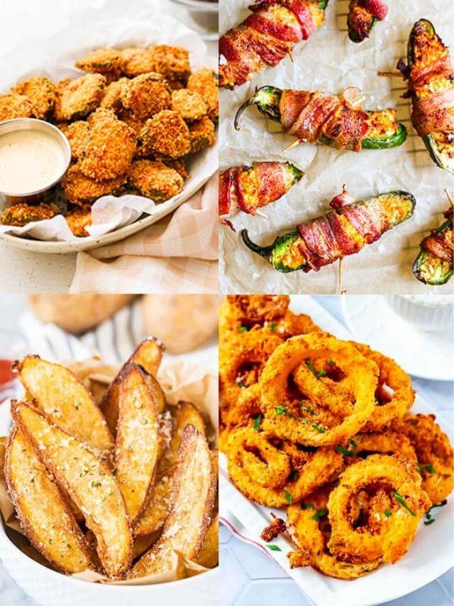 Collage image of air fryer appetizers including fried pickles, stuffed jalapenos, potato wedges and onion rings.