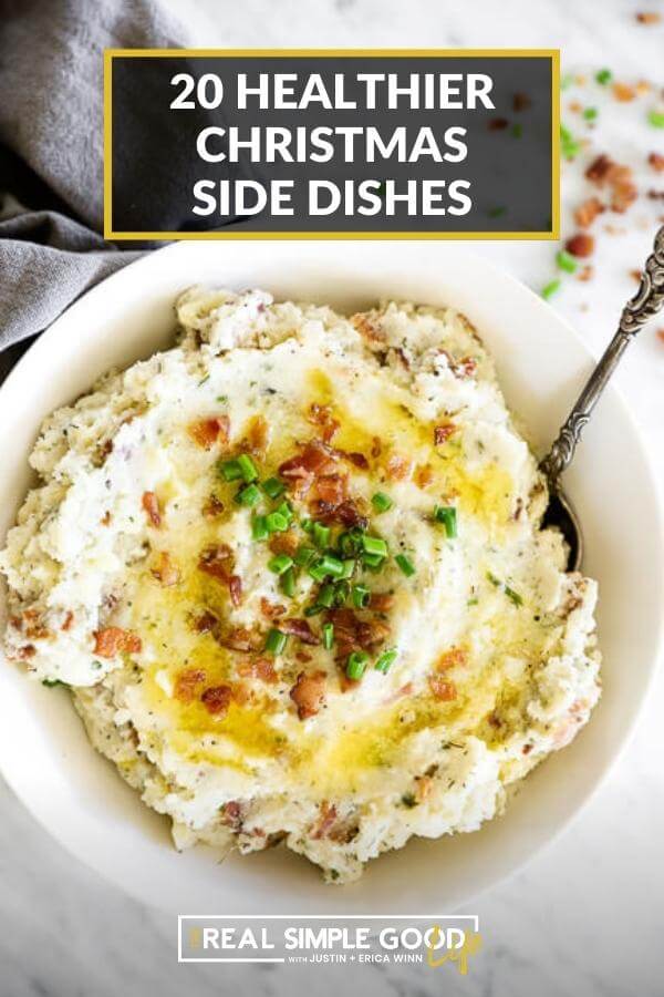 Image of loaded mashed cauliflower with bacon bits and chives and text overlay at top