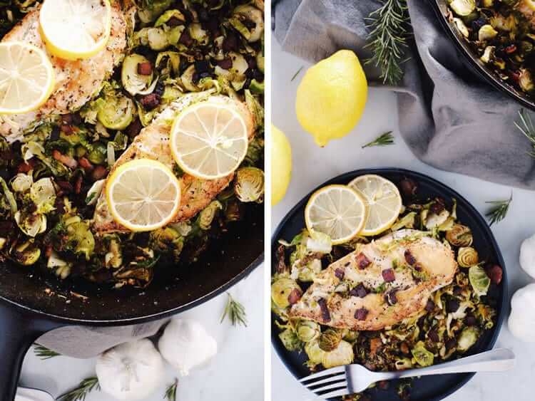 This one pan chicken skillet with bacon brussels sprouts is refreshing and flavorful. It's great for a weeknight dinner with minimal effort. Paleo + Gluten-Free. | realsimplegood.com