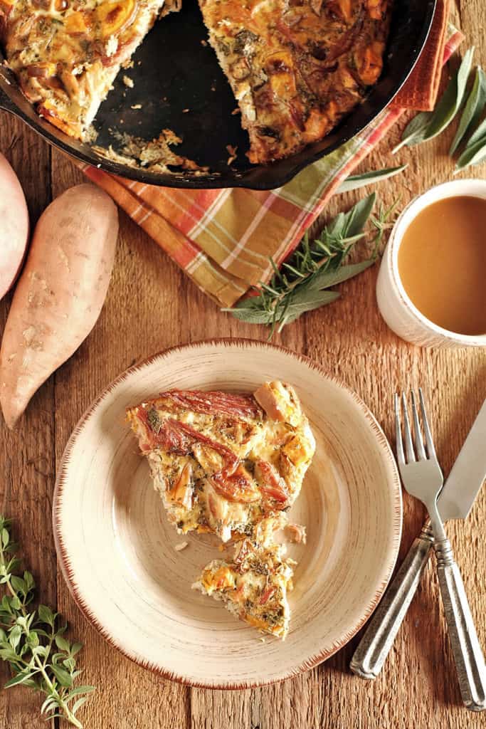 This ham and turkey frittata is a perfect way to use up your Thanksgiving leftovers and create an entirely new dish to feed your family in the morning. Ham, turkey, eggs, sweet potato and some seasonings and you have a thanksgiving leftover breakfast to feed the family with again! Paleo, Gluten-Free, Dairy-Free. | realsimplegood.com