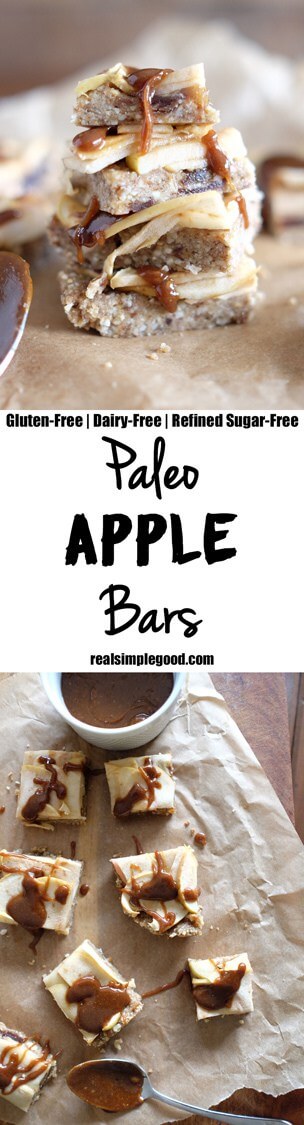 These paleo apple bars are gooey, a little sweet and a little salty. Does it really get any better than that?! You can pick them up and savor each bite. Paleo, Gluten-Free, Dairy-Free, and Refined Sugar Free. | realsimplegood.com