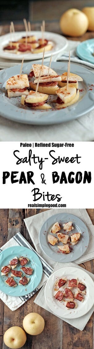 Looking for a unique paleo appetizer? Look no further. We have you covered here with these quick and easy pear and bacon bites. Salty, sweet, and easy! | Paleo, clean, & easy! | realsimplegood.com