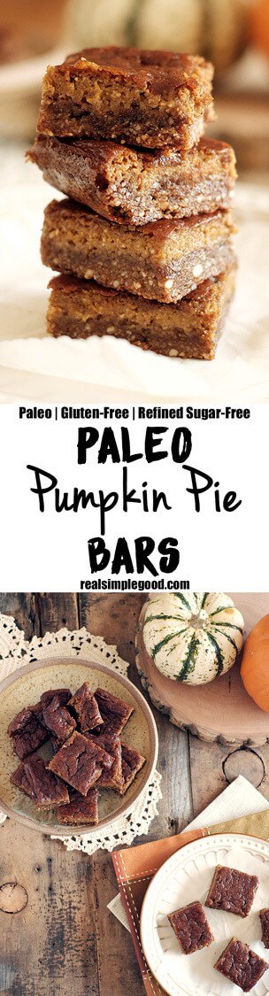 These pumpkin pie bars have a nutty and salty-sweet crust with a pumpkin pie filling. They are essentially fall all wrapped up into tasty little bars. Paleo, Gluten-Free, and Refined Sugar-Free. | realsimplegood.com
