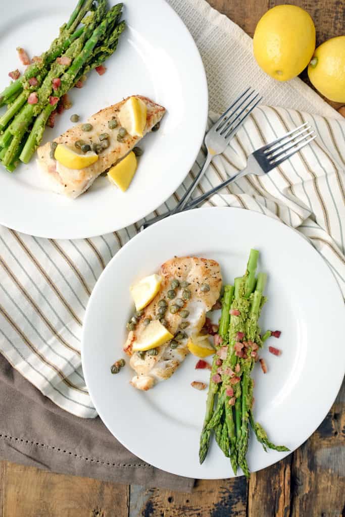Need a speedy weeknight meal that feels like you put in more time and effort? This Paleo + Whole30 pan fried cod with pesto bacon asparagus is exactly that! Paleo + Whole30. | realsimplegood.com
