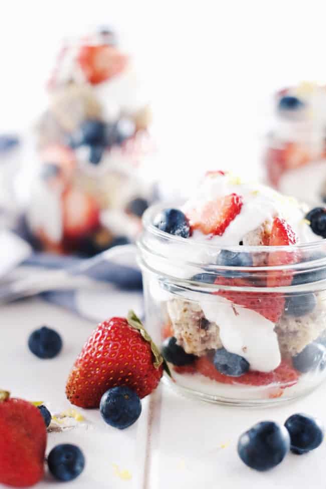 This paleo berry lemon shortcake in mason jars is the perfect combination of summer flavors and patriotic cheer to celebrate this summer! Paleo, GF + Refined Sugar-Free. | realsimplegood.com