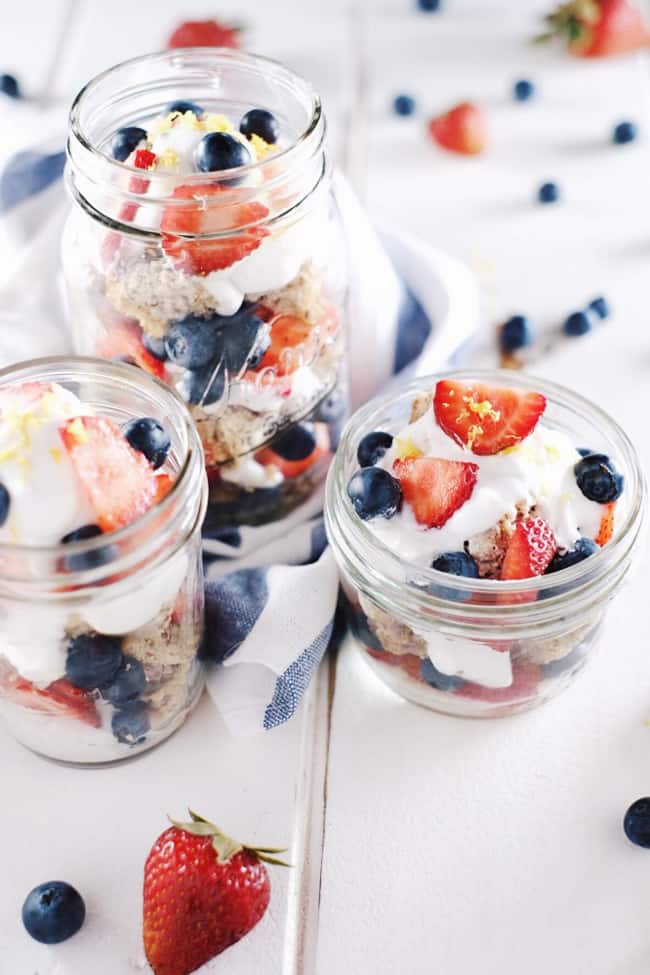 This paleo berry lemon shortcake in mason jars is the perfect combination of summer flavors and patriotic cheer to celebrate this summer! Paleo, GF + Refined Sugar-Free. | realsimplegood.com