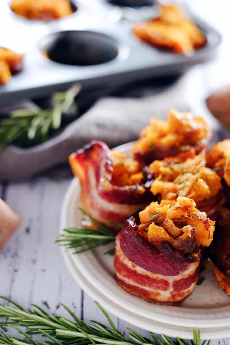 Mashed sweet potato bacon cups. That's a mouthful! They're an oversized single-bite Paleo + Whole30 appetizer or side dish you won't be able to stop eating! Paleo, Whole30, Gluten-Free + Whole 30. | realsimplegood.com