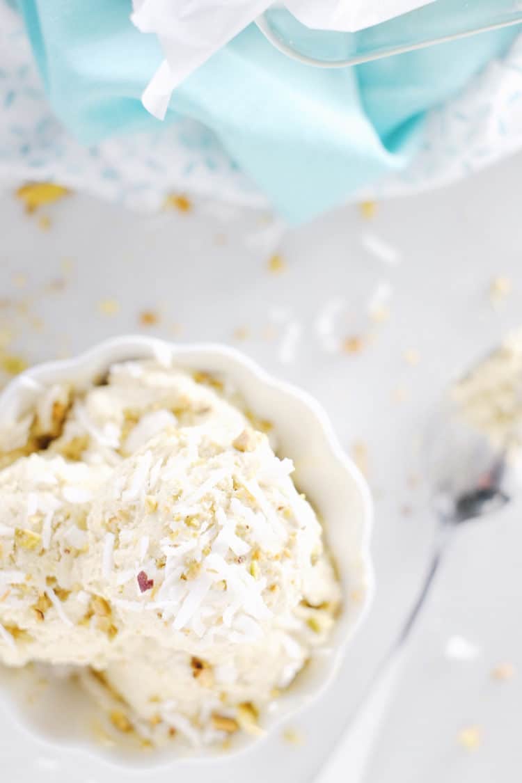 A creamy bowl of ice cream hits the spot on a long summer day. This no churn pistachio ice cream is full of nutty, slightly salty and sweet flavors. Paleo, Gluten-Free, Dairy-Free + Refined Sugar-Free. | realsimplegood.com