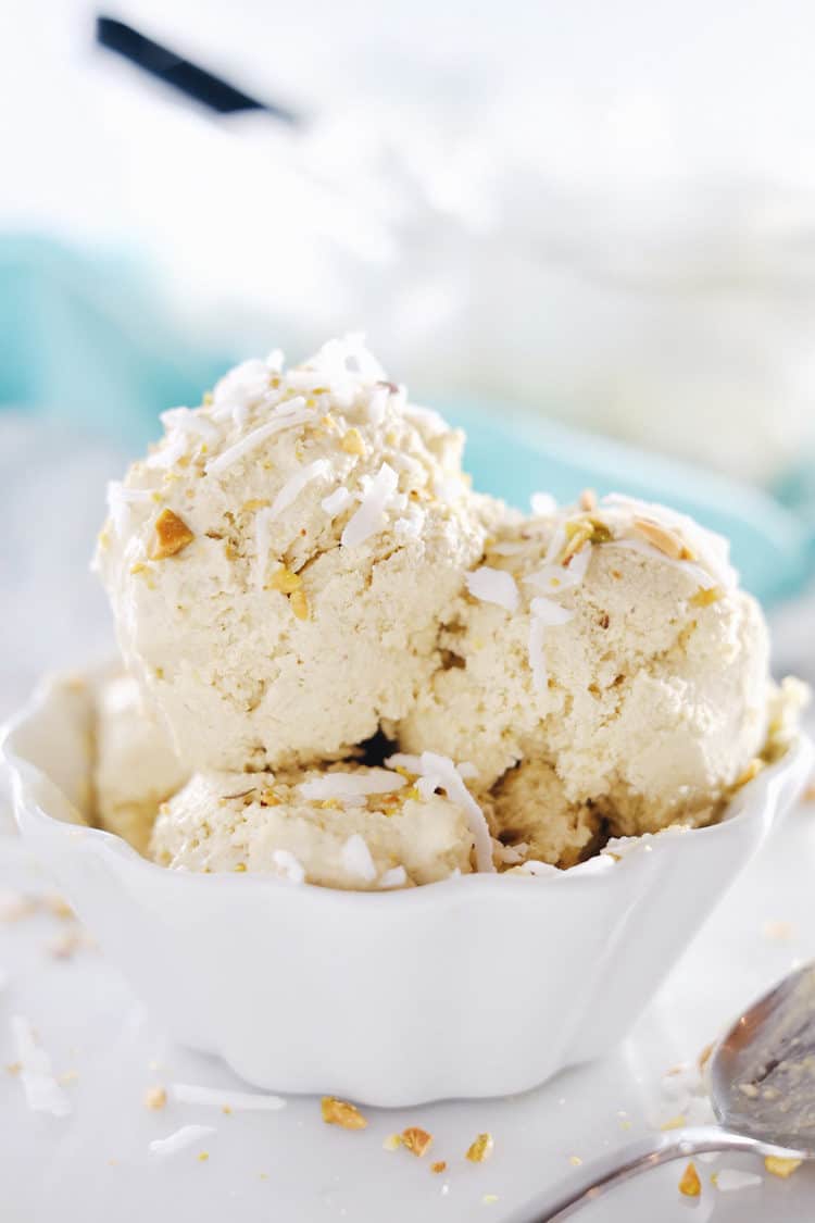 A creamy bowl of ice cream hits the spot on a long summer day. This no churn pistachio ice cream is full of nutty, slightly salty and sweet flavors. Paleo, Gluten-Free, Dairy-Free + Refined Sugar-Free. | realsimplegood.com