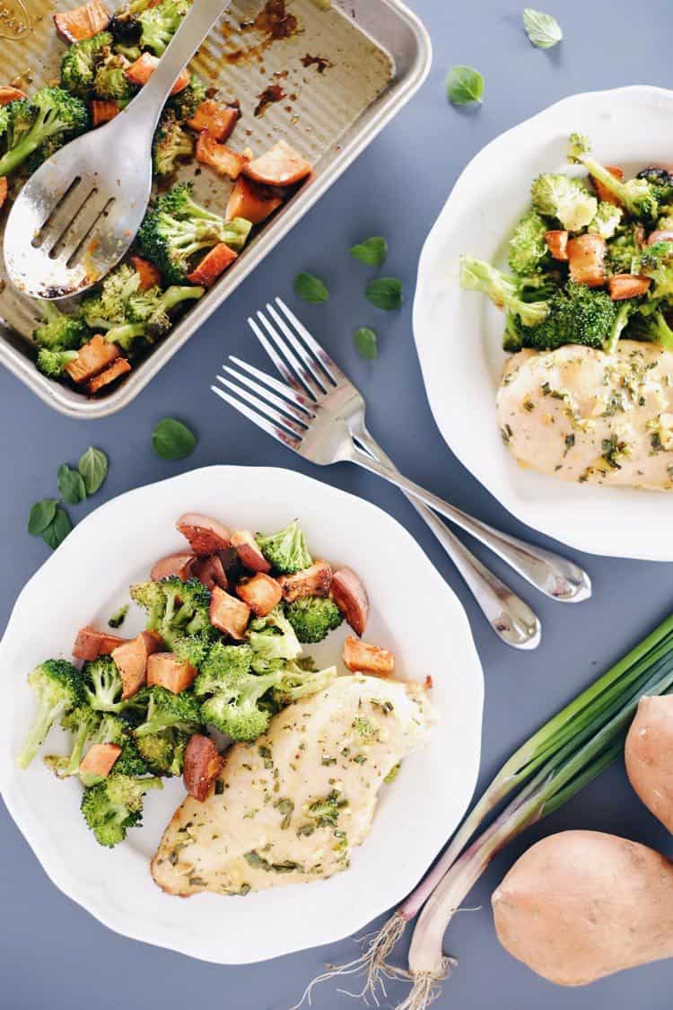 We LOVE the ease of a one pan dish. Our one pan honey garlic chicken has it all, including chicken, sweet potato, broccoli, and a slew of tasty seasonings. Paleo, Gluten-Free + Dairy-Free. | realsimplegood.com