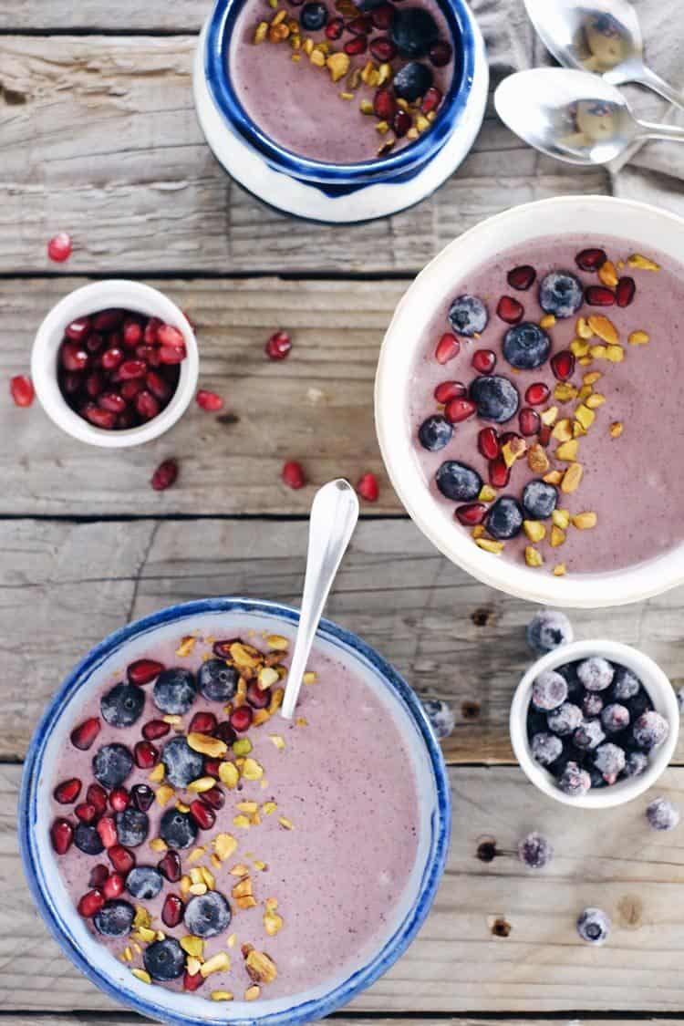 This berry protein smoothie bowl is full of antioxidants, healthy fats, and protein. It's a light, yet filling breakfast or a post-workout recovery snack! Gluten-Free, Dairy-Free + Refined Sugar-Free. | realsimplegood.com