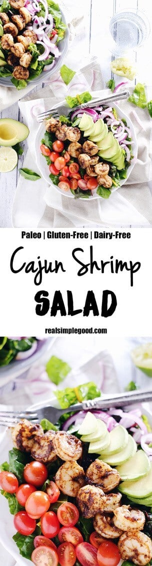 This cajun shrimp salad is an easy and fresh salad option. Make the Paleo + Whole30 salad packed with shrimp, avocado, tomato and onion! Paleo, Whole30, Gluten-Free + Dairy-Free. | realsimplegood.com