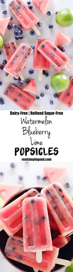 These watermelon blueberry lime popsicles are not only made with real fruit but are also dairy-free and refined sugar-free which makes them a sinless treat! Paleo, Dairy-Free +Refined Sugar-Free. | realsimplegood.com