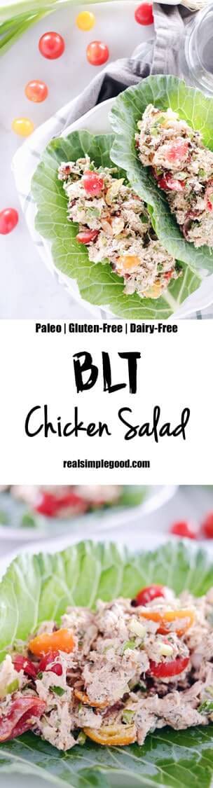 We've got all the flavors of a BLT wrapped up in this Paleo + Whole30 BLT chicken salad! We love to eat it in lettuce shells or as an easy snack + dip. Paleo, Whole30, Gluten-Free + Dairy-Free. | realsimplegood.com
