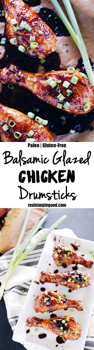Make a pan of these balsamic glazed chicken drumsticks. You won't be able to help but lick the tasty goodness right off your fingers. You will love the combo of balsamic, coconut aminos, ginger and garlic. Paleo + Gluten-Free. | realsimplegood.com