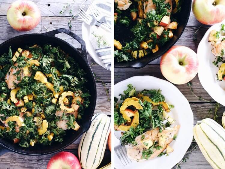 Fall flavors are the best! This Paleo + Whole30 one pan chicken apple and squash skillet is full of fall flavors and textures, and is all made in one pan! Paleo, Whole30, Gluten-Free + Dairy-Free. | realsimplegood.com