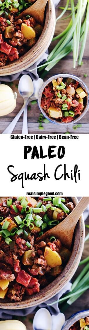This Paleo squash chili is full of fall flavors and textures of winter squash, peppers, onions and tomatoes. Whole30 and easy to make in only 30 minutes! Paleo, Whole30, Gluten-Free, Dairy-Free + Bean-Free. | realsimplegood.com