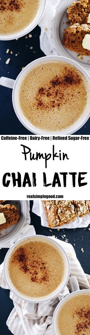 After ending my affair with coffee, I got the idea to create a caffeine-free and paleo friendly pumpkin chai latte to stay cozy this fall and winter! Caffeine-Free, Dairy-Free + Refined Sugar-Free. | realsimplegood.com
