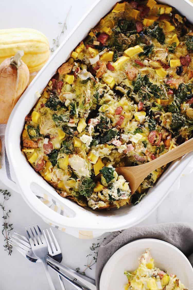 Our Paleo + Whole30 autumn breakfast casserole is full of fall flavors with kale, brussels sprouts, mushrooms, winter squash, leeks, eggs and sausage. Paleo, Whole30, Gluten-Free + Dairy-Free. | realsimplegood.com