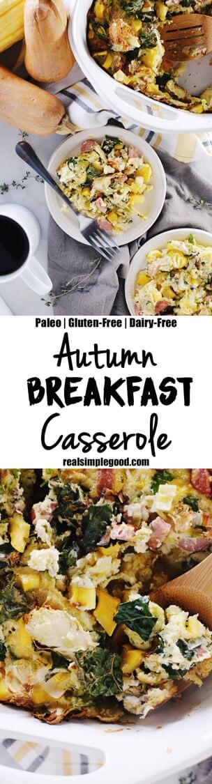 Our Paleo + Whole30 autumn breakfast casserole is full of fall flavors with kale, brussels sprouts, mushrooms, winter squash, leeks, eggs and sausage. Paleo, Whole30, Gluten-Free + Dairy-Free. | realsimplegood.com