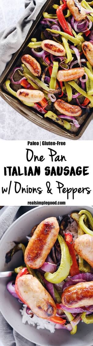 Are you looking for a super simple, easy weeknight meal? We've got you covered with this Paleo + Whole30 one pan Italian sausage with onions and peppers. Paleo, Whole30 + Gluten-Free. | realsimplegood.com