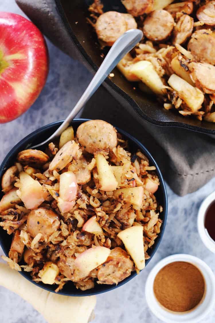 This egg-free parsnip breakfast hash is the perfect savory-sweet way to start your day with parsnips, sausage and apples. Paleo + Gluten-Free. | realsimplegood.com