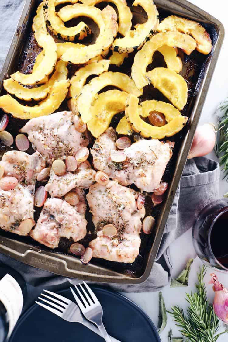 One pan Paleo + Whole30 meals are such a lifesaver! This sheet pan chicken and squash dinner is perfect for the fall and winter. Paleo, Whole30, Gluten-Free + Dairy-Free. | realsimplegood.com