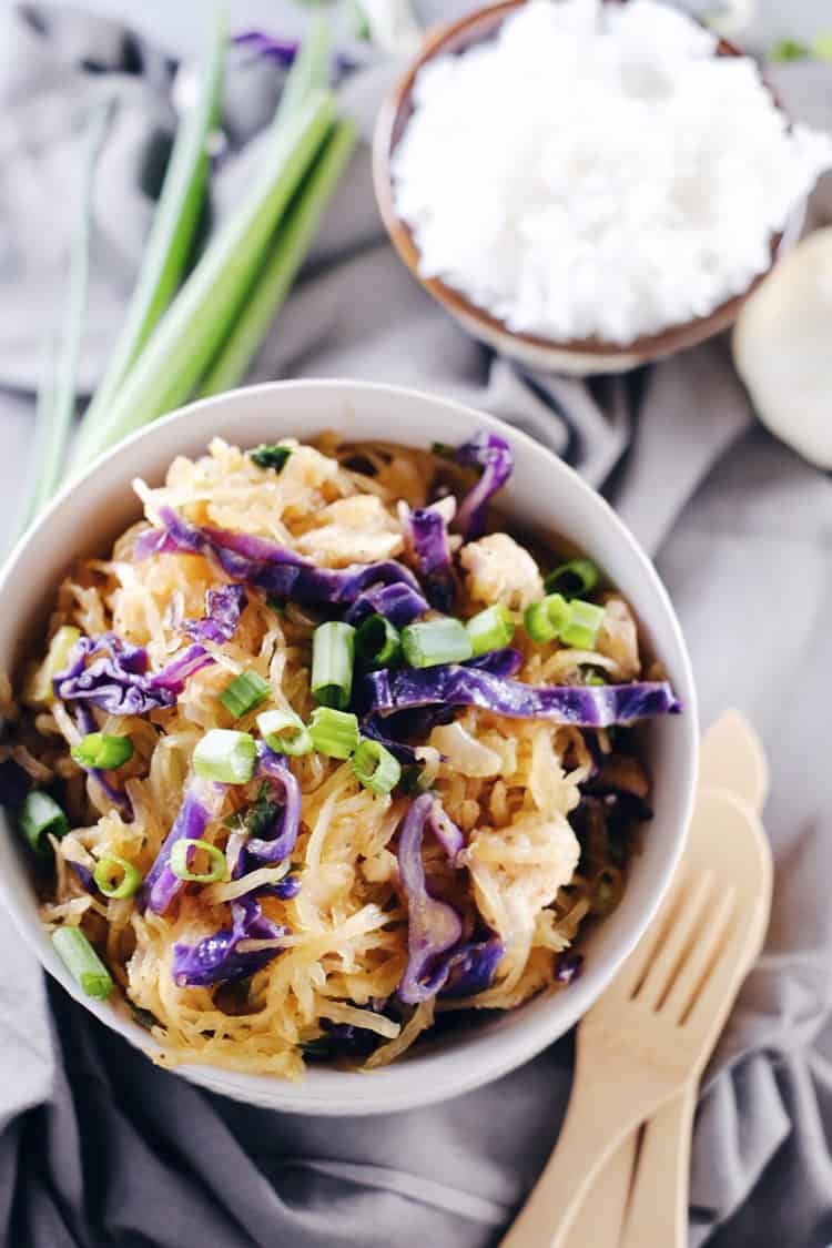 Do you ever want the flavors of take out, but way healthier?! This spaghetti squash chicken chow mein is legit with all the flavor and none of the nonsense! Paleo + Gluten-Free. | realsimplegood.com