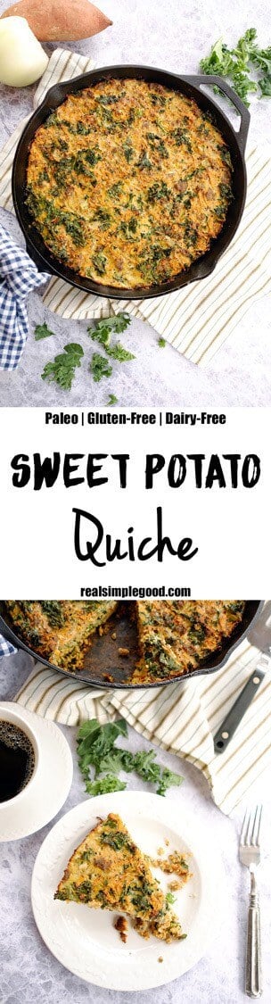 This Paleo + Whole30 sweet potato quiche has only six main ingredients is EASY to make. The eggs, sausage, kale, and sweet potaotes combine to make the perfect quiche. Paleo, Whole30, Dairy-Free, and Gluten-Free. | realsimplegood.com