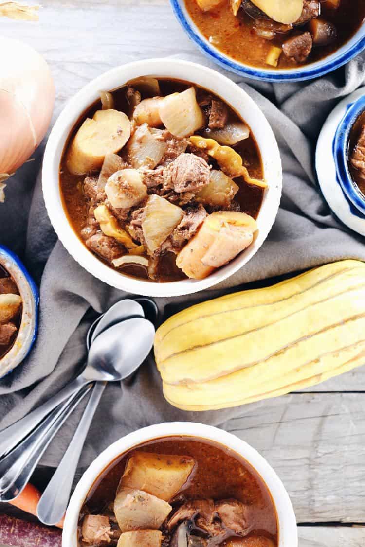 There is something so cozy about stew packed with beef and veggies. This crockpot beef stew is Paleo + Whole30, yet hearty and boasts lots of flavor! Paleo, Whole30 + Gluten-Free. | realsimplegood.com