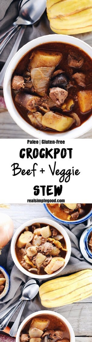 There is something so cozy about stew packed with beef and veggies. This crockpot beef stew is Paleo + Whole30, yet hearty and boasts lots of flavor! Paleo, Whole30 + Gluten-Free. | realsimplegood.com