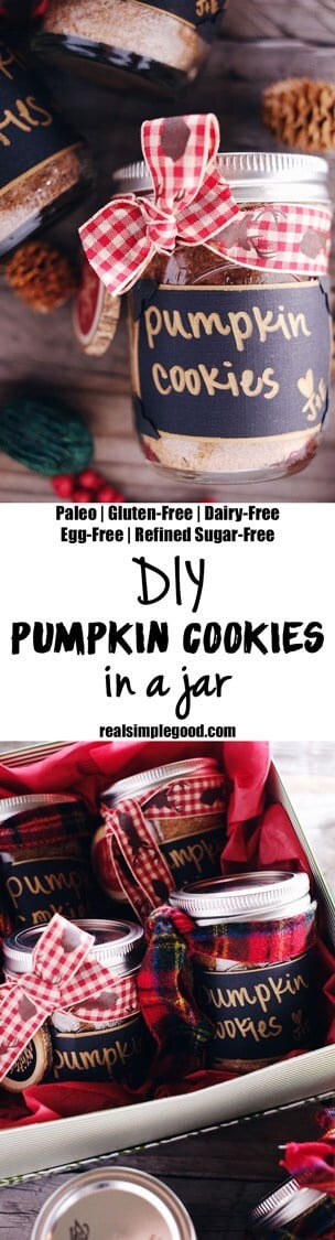 These DIY pumpkin cookies in a jar are a fun holiday gift and the perfect way to share a clean treat with your loved ones, co-workers, clients and friends! Paleo, Gluten-Free, Dairy-Free + Refined Sugar-Free. | realsimplegood.com