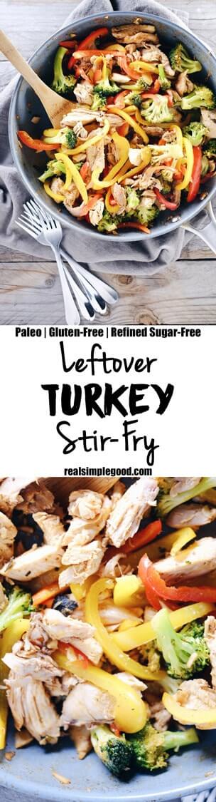 Fridge full of Thanksgiving leftovers? Make our Paleo + Whole30 leftover turkey stir-fry. It is full of color and flavor with peppers, broccoli and garlic! Paleo, Whole30, Gluten-Free + Refined Sugar-Free. | realsimplegood.com