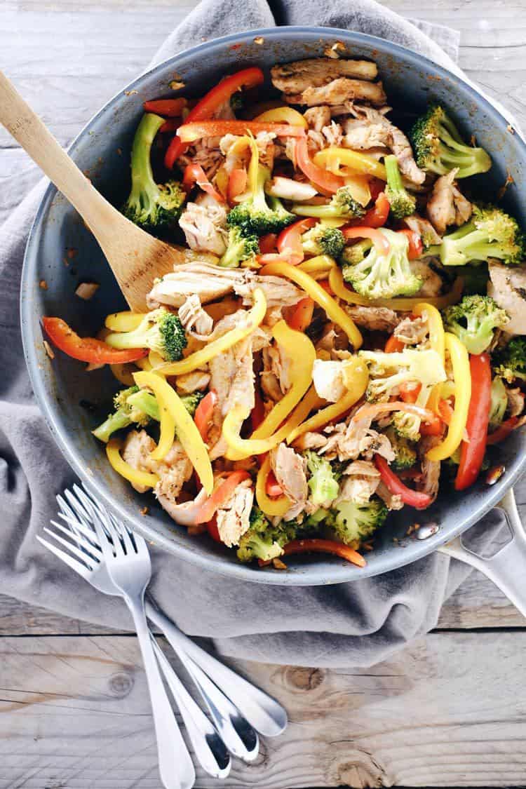Fridge full of Thanksgiving leftovers? Make our Paleo + Whole30 leftover turkey stir-fry. It is full of color and flavor with peppers, broccoli and garlic! Paleo, Whole30, Gluten-Free + Refined Sugar-Free. | realsimplegood.com