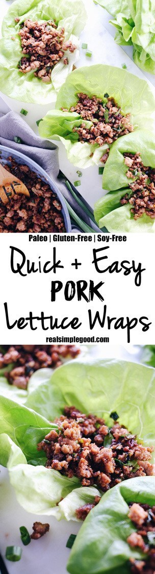 These pork lettuce wraps are tasty and quick to make, which is the best combo! Only 15 minutes and seven ingredients, an easy Paleo + Whole30 meal! Paleo, Whole30, Gluten-Free + Soy-Free. | realsimplegood.com