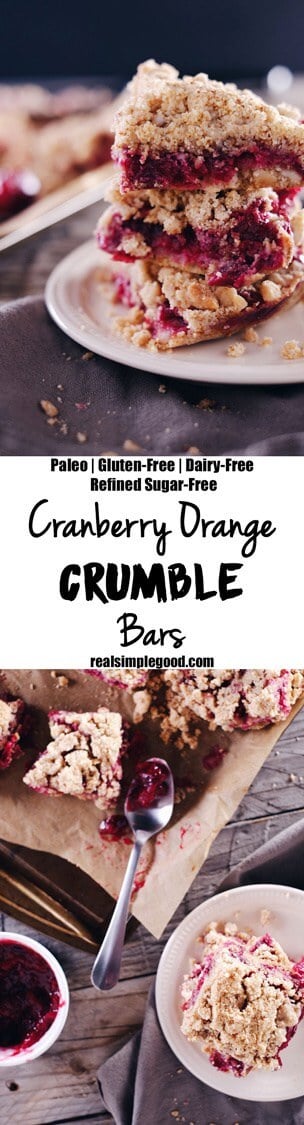 The vibrant color of these cranberry orange crumble bars feels so festive, making them a holiday favorite! Allergy-free and so buttery and delicious! Paleo, Gluten-Free, Dairy-Free + Refined Sugar-Free. | realsimplegood.com