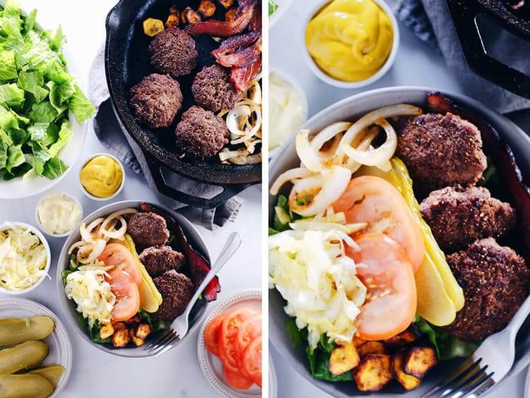 These Paleo + Whole30 mini burger bowls are simple, easy to throw together and full of what you need and want - healthy fats, protein, veggies and greens! Paleo, Whole30, Gluten-Free + Dairy-Free. | realsimplegood.com