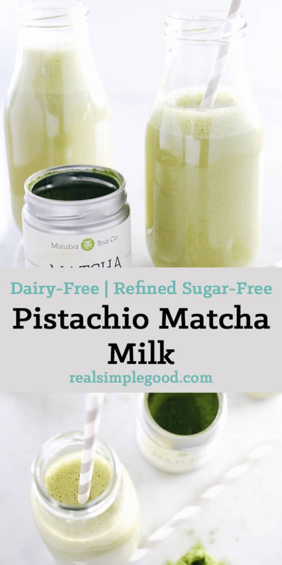 Caffeine junkie, but hate the spikes in energy? This pistachio matcha milk is for you! It will give you slow burn energy and lots of antioxidants! Paleo, Dairy-Free + Refined Sugar-Free. | realsimplegood.com