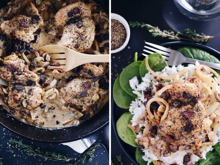 This creamy bacon mushroom chicken skillet is rich and velvety all while being Paleo + Whole30 and packed with healthy fats. Plus, it is a one pan recipe! Paleo, Whole30, Gluten-Free, Dairy-Free + Whole30. | realsimplegood.com