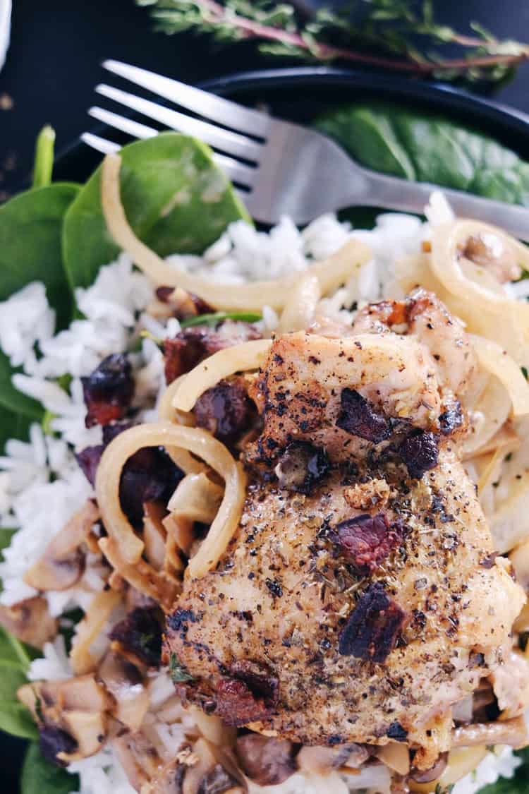 This creamy bacon mushroom chicken skillet is rich and velvety all while being Paleo + Whole30 and packed with healthy fats. Plus, it is a one pan recipe! Paleo, Whole30, Gluten-Free, Dairy-Free + Whole30. | realsimplegood.com