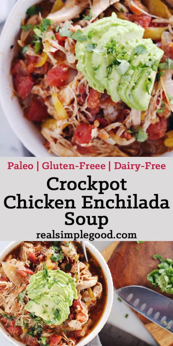 Crockpot Chicken Enchilada Soup split image with text in the middle