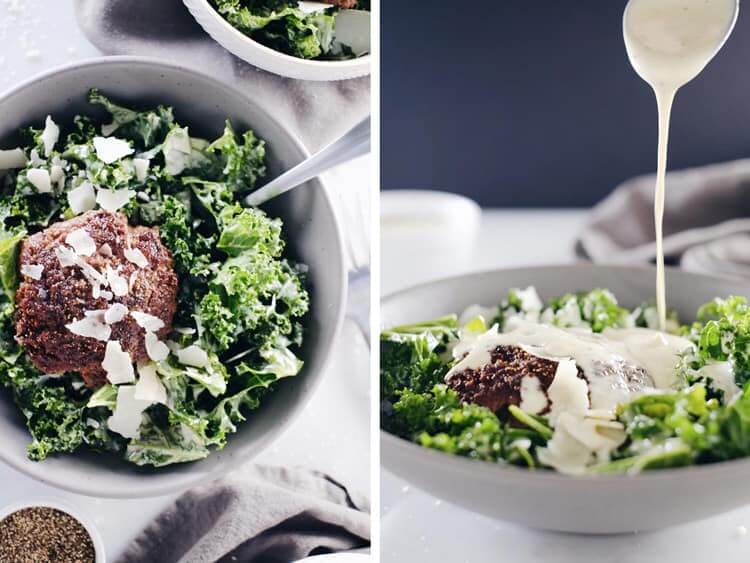 This kale caesar burger bowl is so satisfying with a Paleo + Whole30 caesar dressing and optional cheese topping. Quick, easy and great any meal of the day. Paleo, Whole30, Gluten-Free + Dairy-Optional. | realsimplegood.com