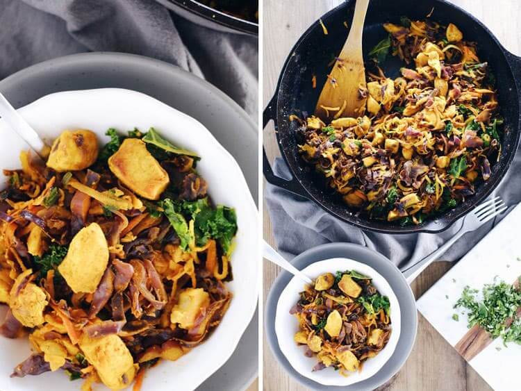 This one pan turmeric chicken skillet has a unique blend of flavors and is a Paleo + Whole30 way to enjoy chicken with powerful anti-inflammatory benefits. Paleo, Whole30, Gluten-Free + Dairy-Free. | realsimplegood.com