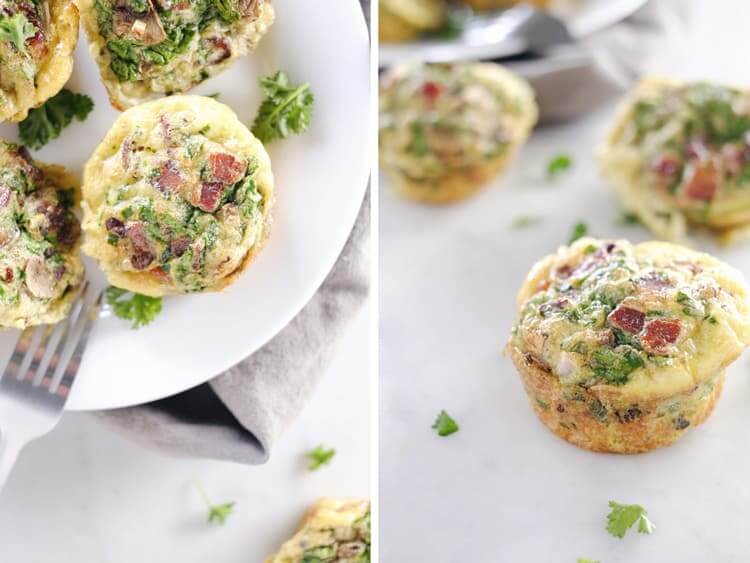 Don't slave in the morning to make a Paleo + Whole30 breakfast. Make these mushroom, spinach and bacon egg muffins ahead of time for easy weekday mornings! Paleo, Whole30, Gluten-Free + Dairy-Free. | realsimplegood.com