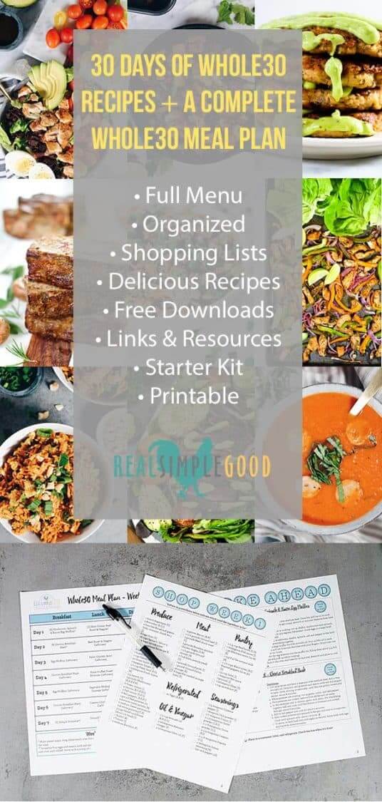 Whole30 food list meal plan collage with text and meal plan photo at bottom