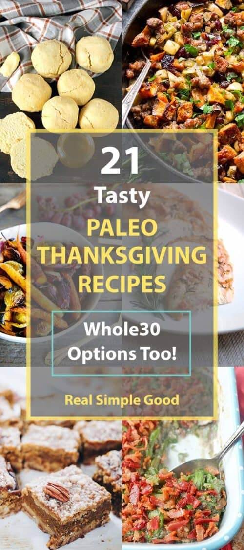 Collage of paleo thanksgiving recipes with text in the middle