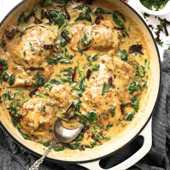 Close up overhead shot of dairy-free creamy tuscan chicken