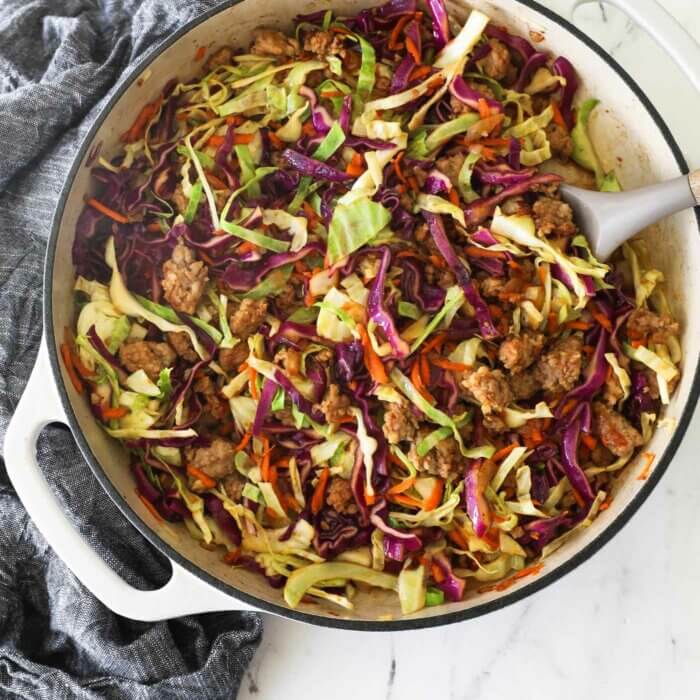 Overhead shot of ground pork and cabbage skillet